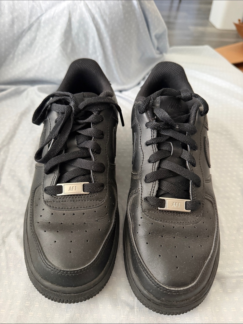 Youth unisex  Black Leather AF1 Lace-Up Sneakers